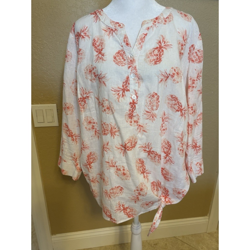Coral Bay 3/4 Sleeve Knotted Hem Linen Blend Top, XL
